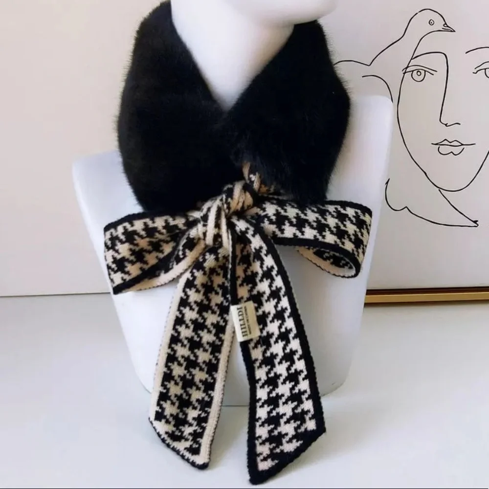 Faux Fur Neck Scarf Houndstooth Foulard Black White Tie